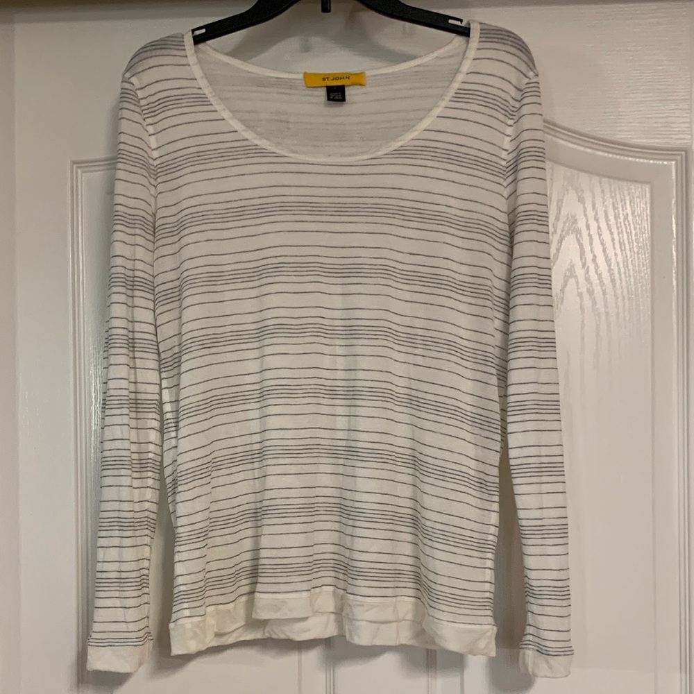 ST. JOHN Soft Womens Cream and Gray Striped Long Sleeve Top